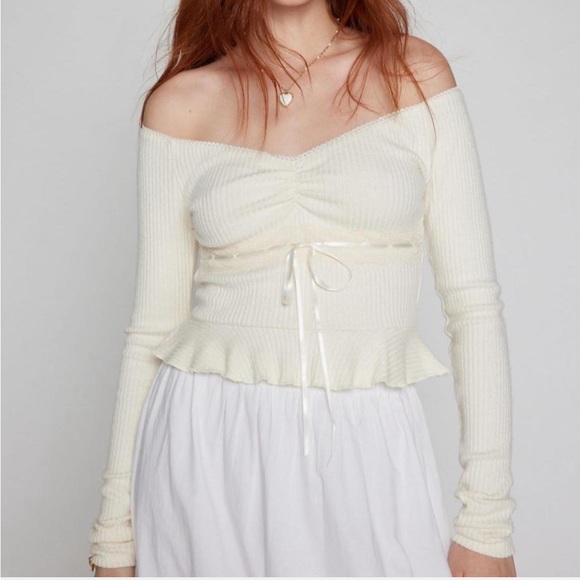Urban outfitters KIMCHI BLUE  off shoulder top ribbed knit lace cream ivory NWT - Picture 4 of 4